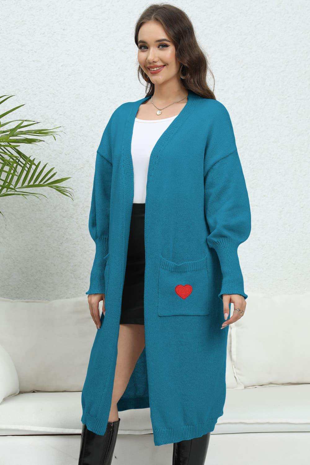 Lantern Sleeve Open Front Pocketed Cardigan - Trendsi - Flyclothing LLC