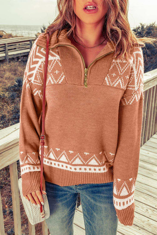 Zip-Up Mock Neck Dropped Shoulder Pullover Sweater - Trendsi - Flyclothing LLC