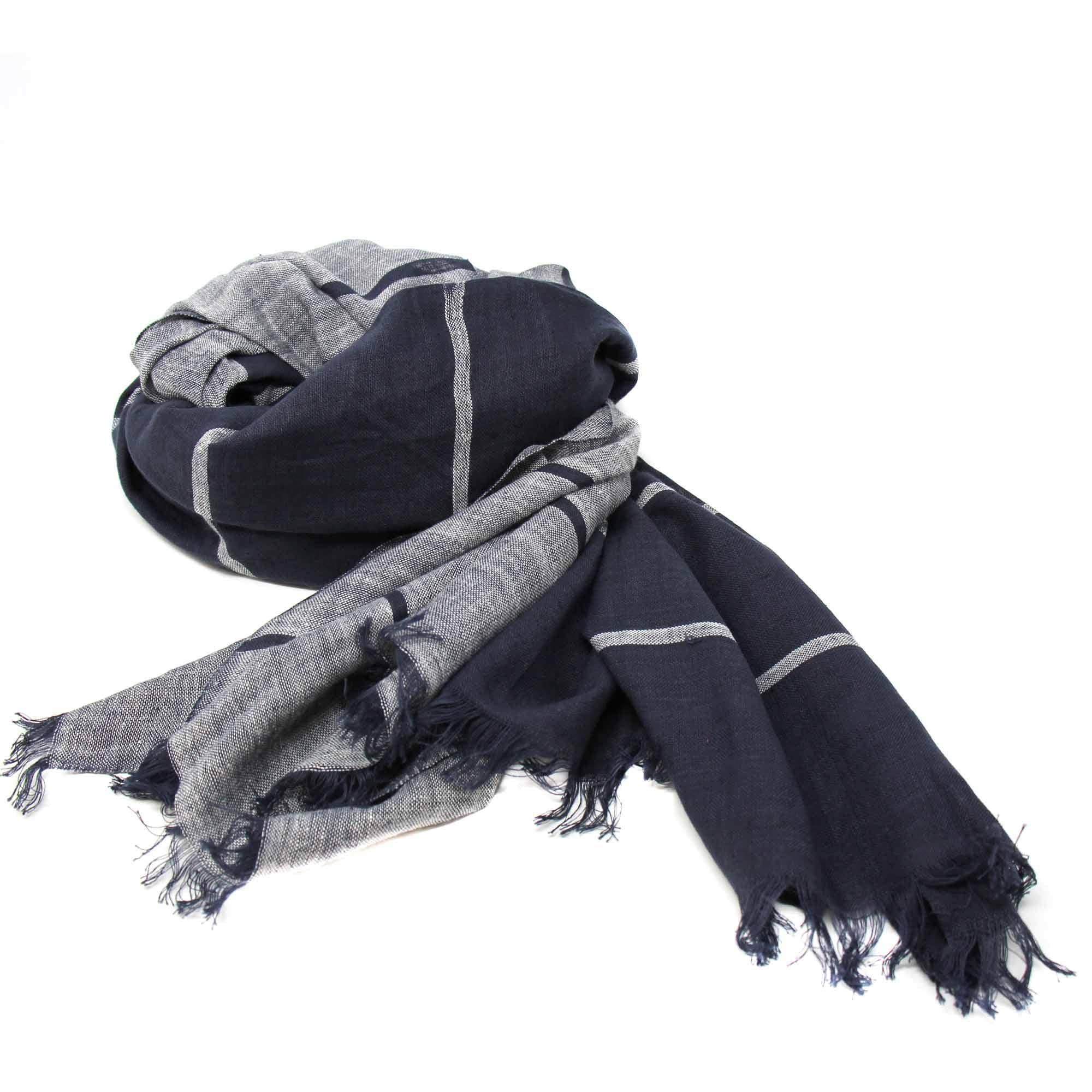 Hand-printed Cotton Scarf, Black & Gray Stripes with Fringe - Asha Handicrafts