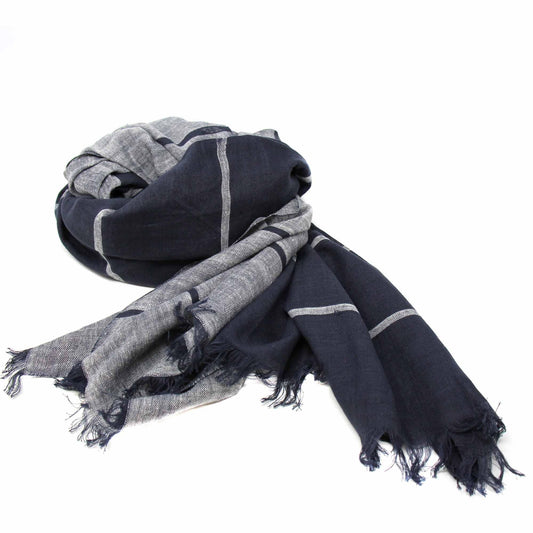 Hand-printed Cotton Scarf, Black & Gray Stripes with Fringe - Asha Handicrafts