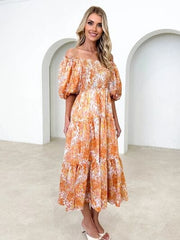 Printed Smocked Off-Shoulder Tiered Dress - Trendsi