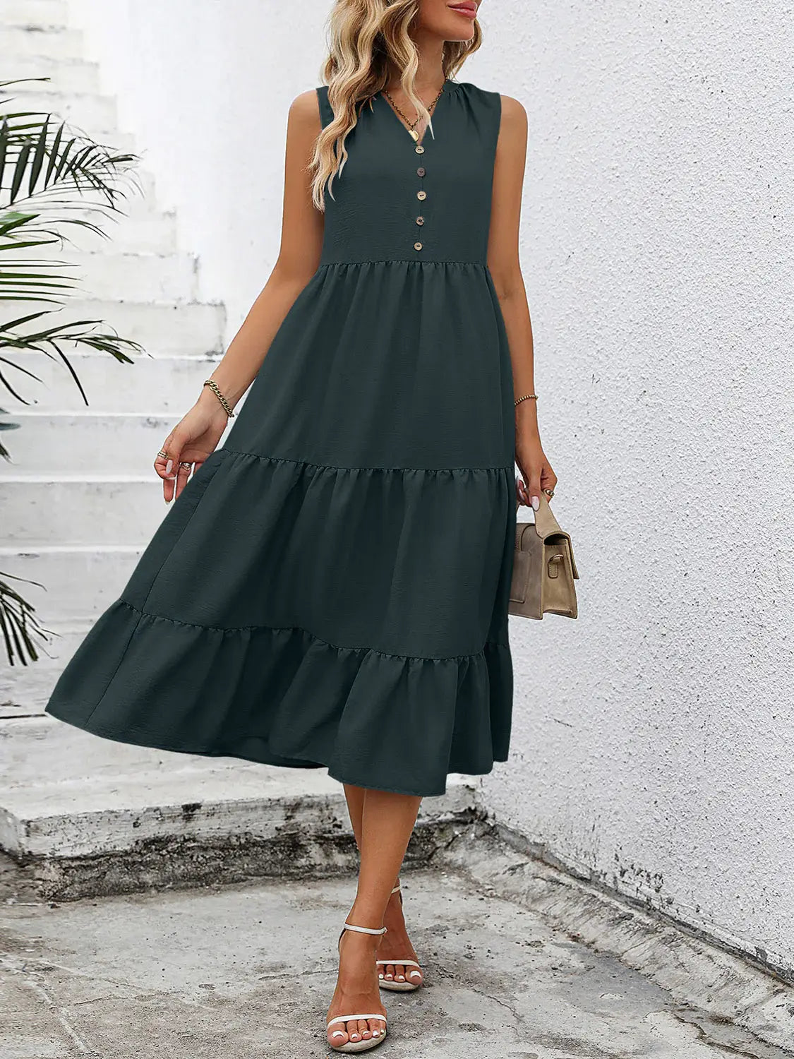 V-Neck Sleeveless Tiered Dress - Trendsi - Flyclothing LLC