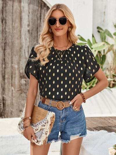 Printed Round Neck Petal Sleeve Blouse - Trendsi - Flyclothing LLC