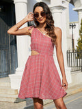 Grid One-Shoulder Tied Cutout Dress - Trendsi - Flyclothing LLC