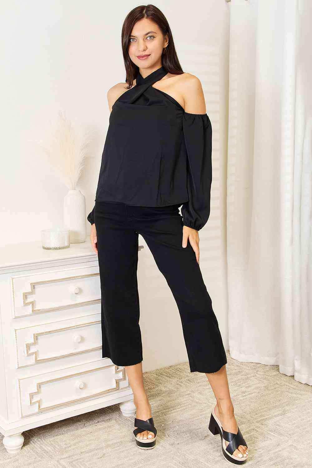 Double Take Grecian Cold Shoulder Long Sleeve Blouse - Trendsi - Flyclothing LLC