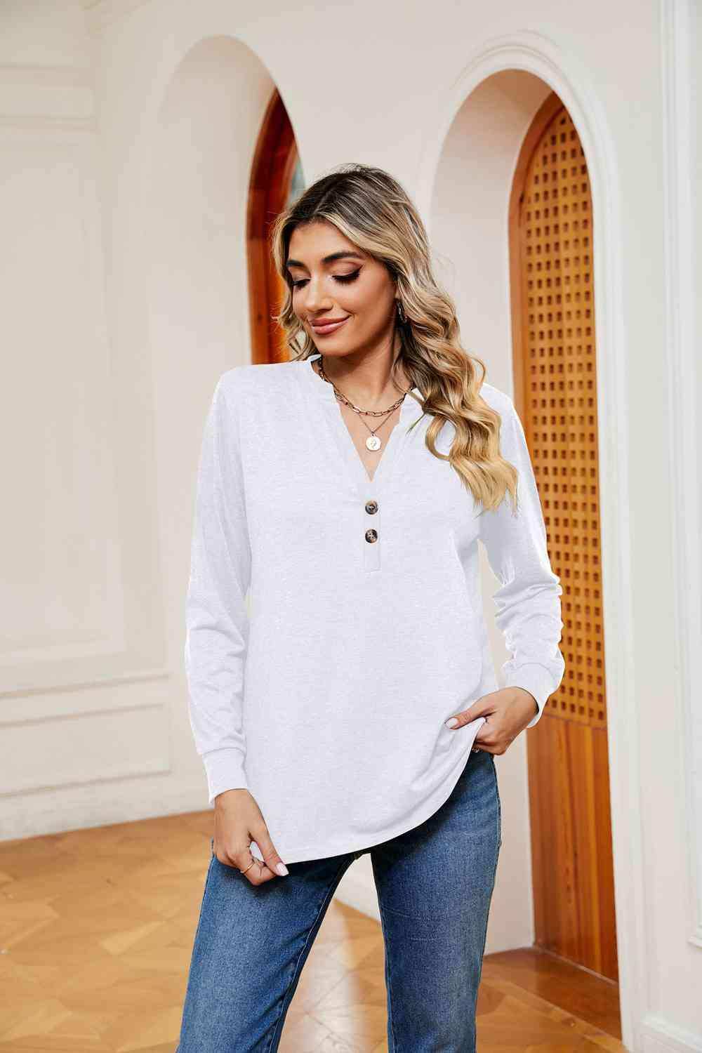 Buttoned Notched Neck Long Sleeve Top - Trendsi - Flyclothing LLC