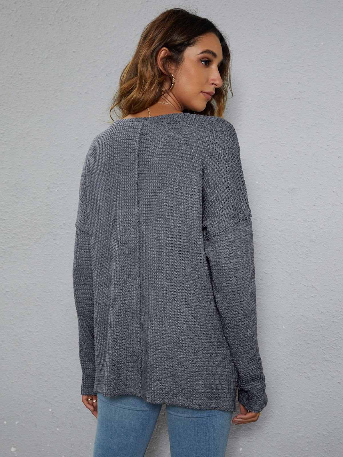 Dropped Shoulder High-Low Waffle-Knit Top - Trendsi
