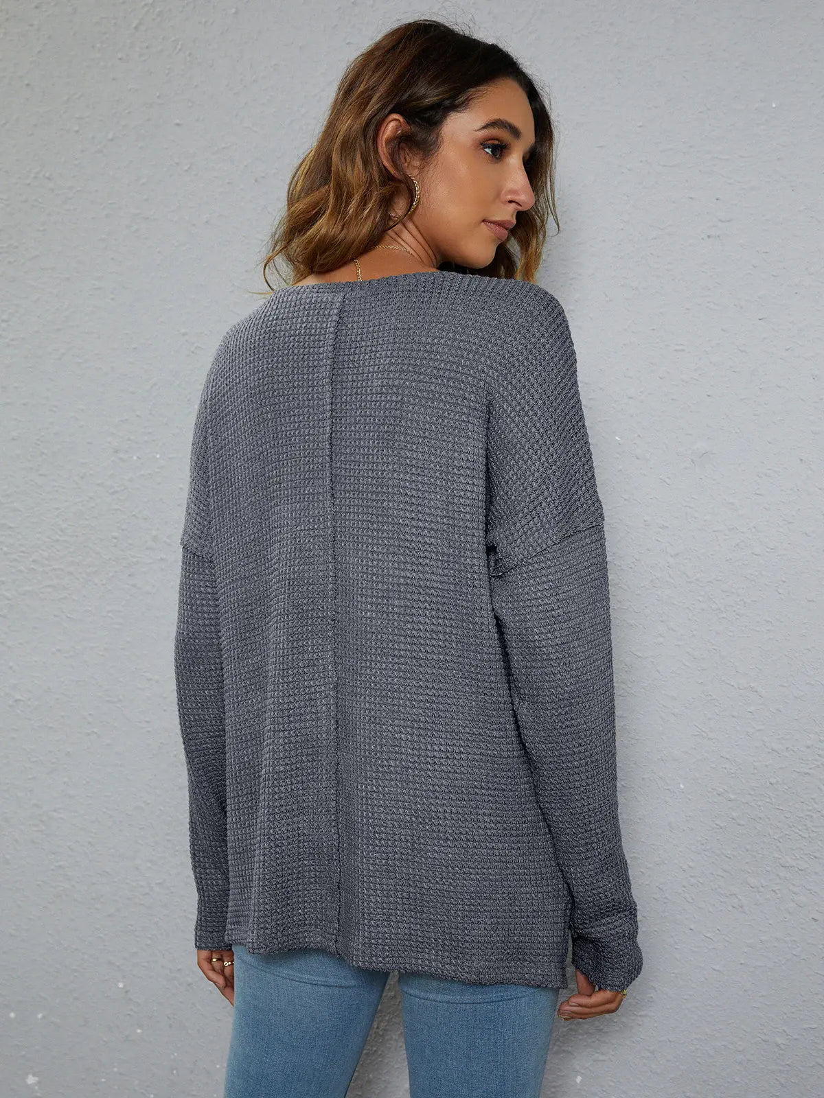 Dropped Shoulder High-Low Waffle-Knit Top - Trendsi - Flyclothing LLC