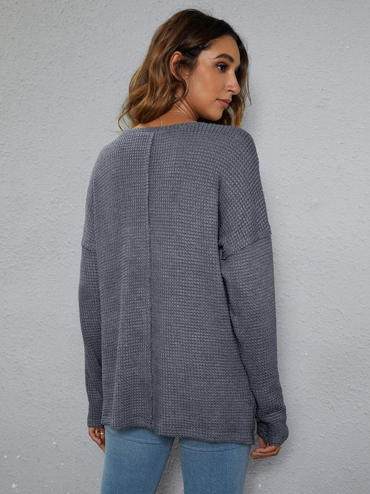 Dropped Shoulder High-Low Waffle-Knit Top - Trendsi