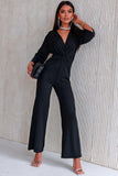 Twisted Plunge Three-Quarter Sleeve Jumpsuit - Trendsi - Flyclothing LLC