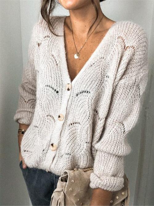 Openwork Button Up Long Sleeve Cardigan - Trendsi