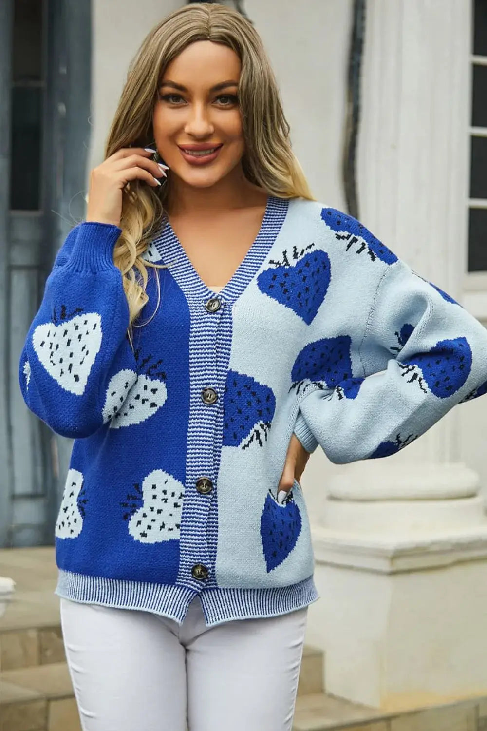 Printed V-Neck Button-Down Long Sleeve Cardigan - Trendsi - Flyclothing LLC