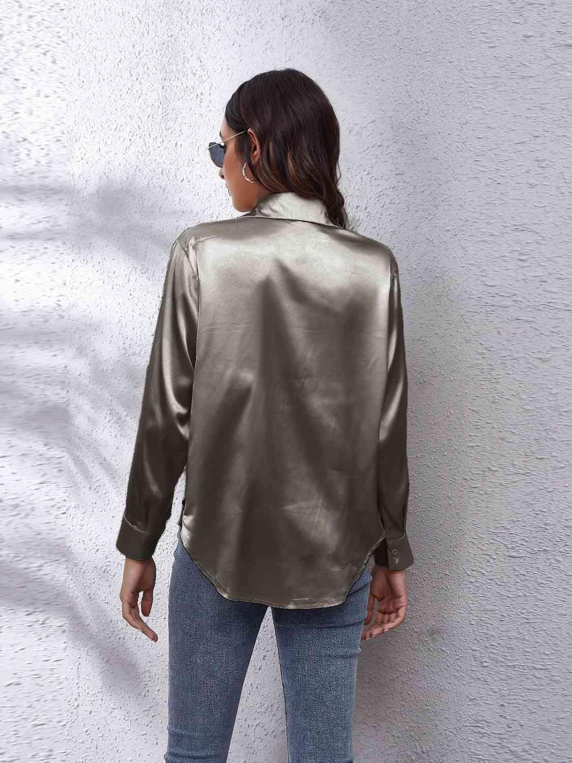 Collared Neck Buttoned Long Sleeve Shirt - Trendsi
