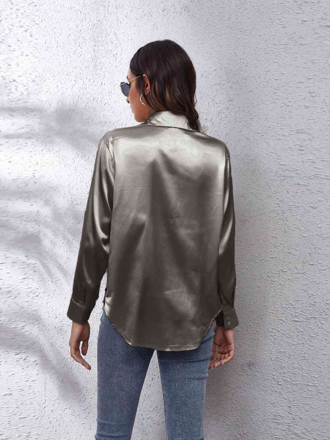 Collared Neck Buttoned Long Sleeve Shirt - Trendsi - Flyclothing LLC