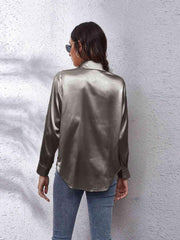 Collared Neck Buttoned Long Sleeve Shirt - Trendsi