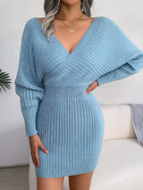 Rib-Knit Dolman Sleeve Sweater Dress - Trendsi - Flyclothing LLC