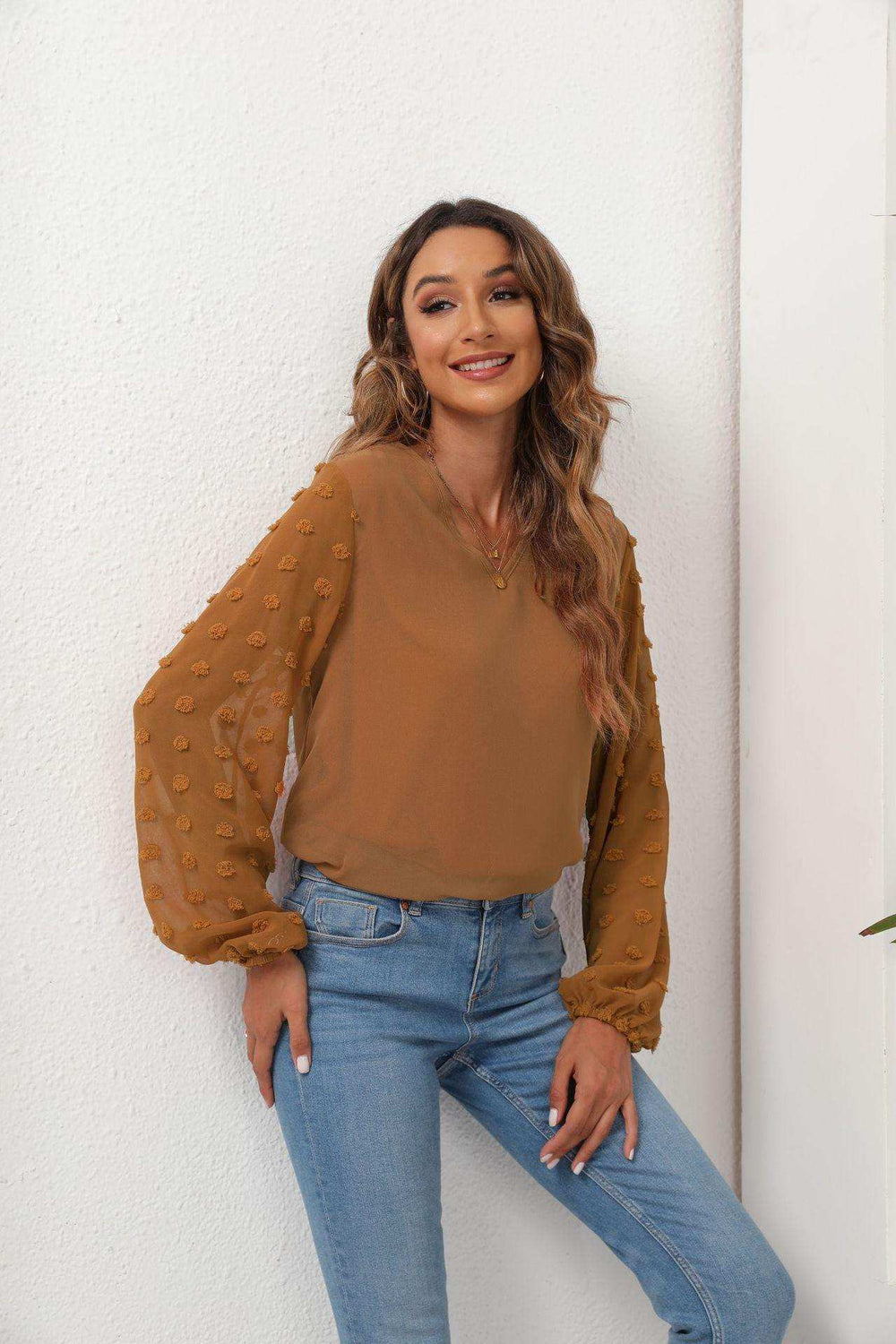 Swiss Dot Balloon Sleeve Blouse - Trendsi - Flyclothing LLC