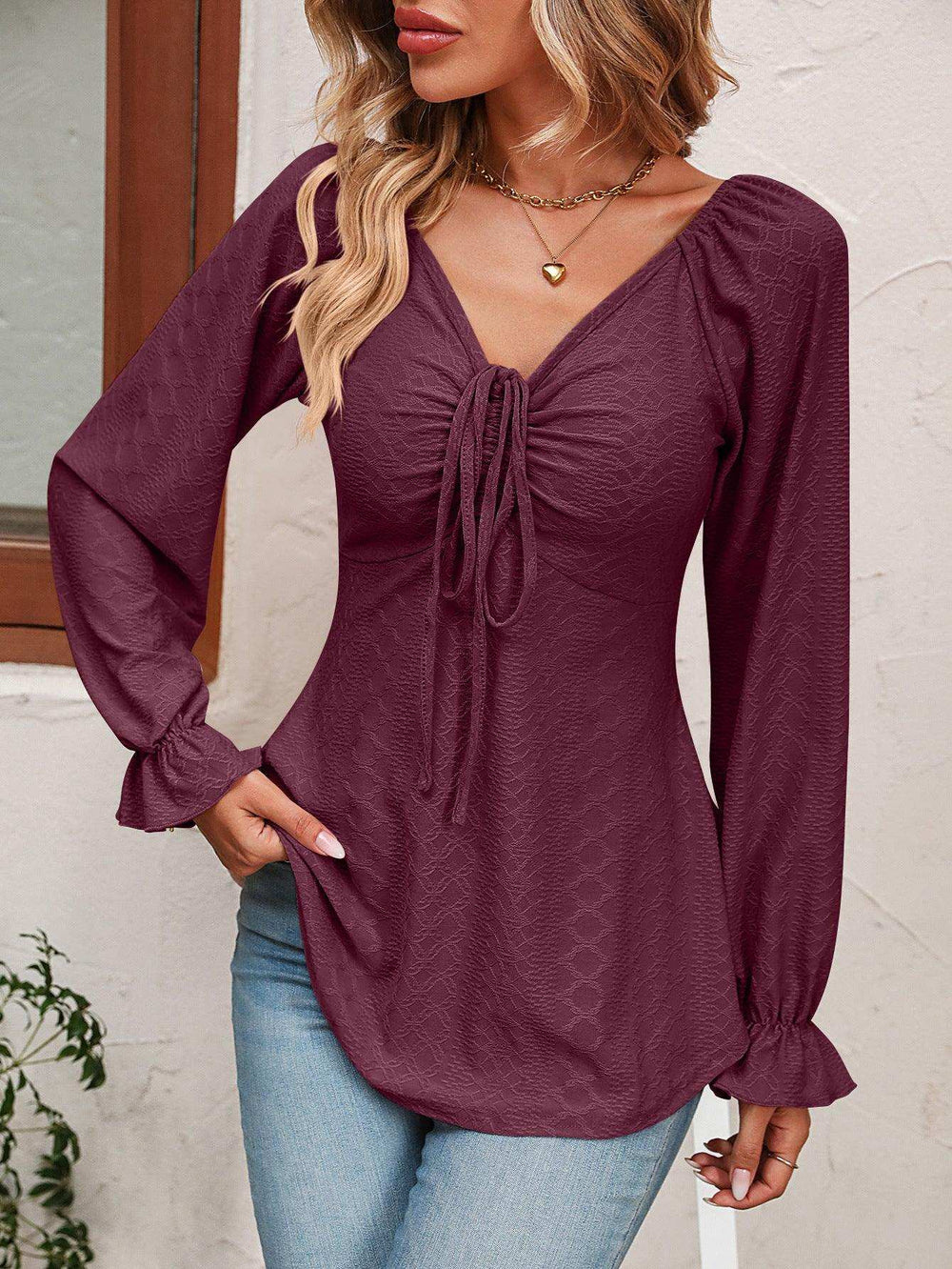 Tie Front V-Neck Puff Sleeve Blouse - Trendsi - Flyclothing LLC