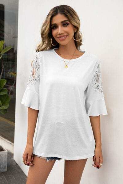 Ruffled Cutout Round Neck Half Sleeve T-Shirt - Trendsi - Flyclothing LLC