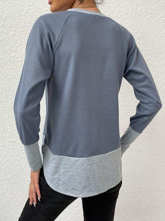 Waffle-knit Round Neck Raglan Sleeve Tee - Trendsi - Flyclothing LLC
