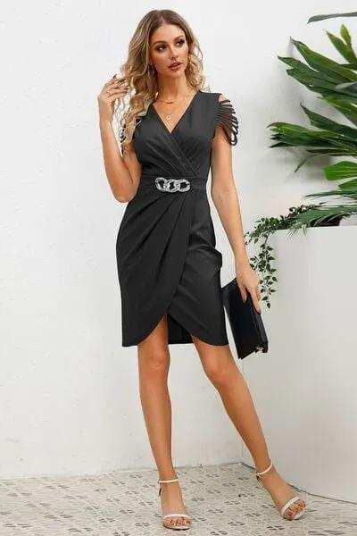 Ruched Surplice Cap Sleeve Mini Dress - Trendsi - Flyclothing LLC