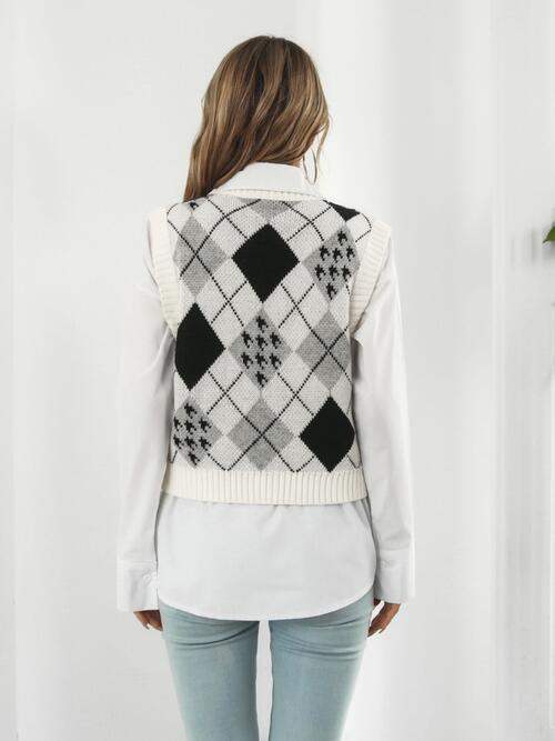 V-Neck Plaid Sweater Vest - Trendsi - Flyclothing LLC