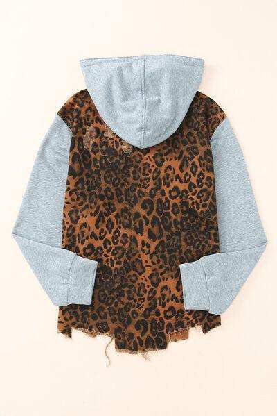 Leopard Distressed Drawstring Hooded Denim Jacket - Trendsi - Flyclothing LLC