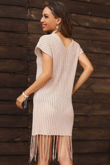 Fringe Hem Short Sleeve Deep V Cover Up Dress - Trendsi - Flyclothing LLC
