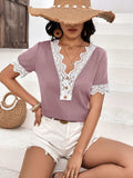 Lace Detail V-Neck Short Sleeve T-Shirt - Trendsi - Flyclothing LLC