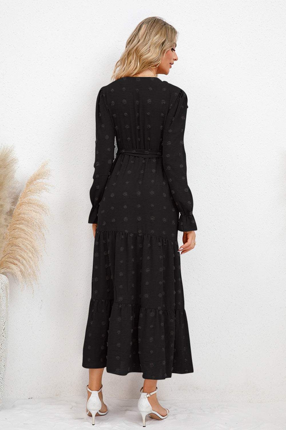 Swiss Dot Tied Surplice Flounce Sleeve Dress - Trendsi - Flyclothing LLC