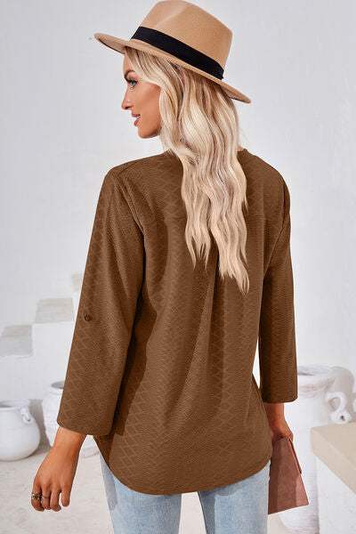 Notched Roll-Tab Sleeve T-Shirt - Trendsi - Flyclothing LLC