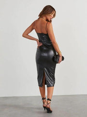 PU Slit Midi Dress - Trendsi