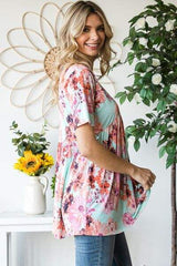 Heimish Full Size Floral V-Neck Short Sleeve Babydoll Blouse - Trendsi - Flyclothing LLC