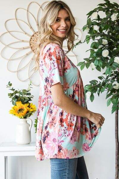Heimish Full Size Floral V-Neck Short Sleeve Babydoll Blouse - Trendsi - Flyclothing LLC