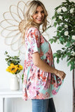 Heimish Full Size Floral V-Neck Short Sleeve Babydoll Blouse - Trendsi