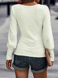 Ribbed Round Neck Lantern Sleeve Knit Top - Trendsi