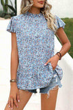 Ditsy Floral Mock Neck Short Sleeve T-Shirt - Trendsi - Flyclothing LLC