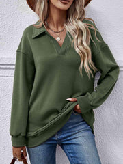 Collared Neck Dropped Shoulder Sweatshirt - Trendsi