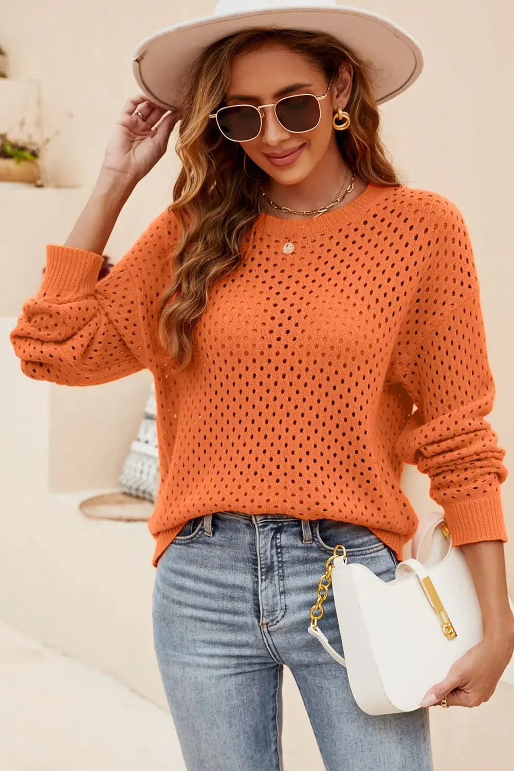 Round Neck Openwork Dropped Shoulder Knit Top - Trendsi - Flyclothing LLC