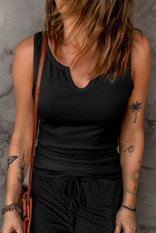 Notched Neck Ribbed Tank Top - Trendsi