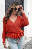 Tie Waist Ruffle Hem Sweater - Trendsi - Flyclothing LLC