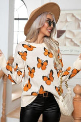 Butterfly Round Neck Long Sleeve Sweater - Trendsi