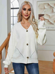 Button Up V-Neck Long Sleeve Cardigan - Trendsi