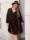 Plus Size V-Neck Balloon Sleeves Dress - Trendsi - Flyclothing LLC