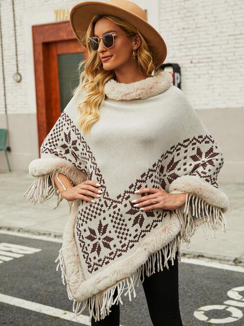 Fringe Geometric Cape Sleeve Poncho - Trendsi