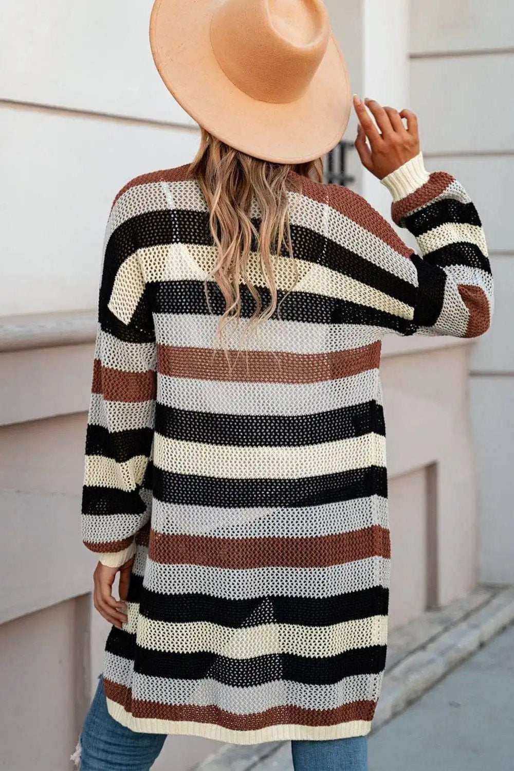 Full Size Striped Long Sleeve Openwork Cardigan - Trendsi - Flyclothing LLC