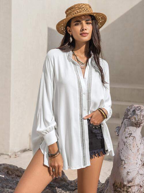 Openwork Button Up Long Sleeve Shirt - Trendsi - Flyclothing LLC
