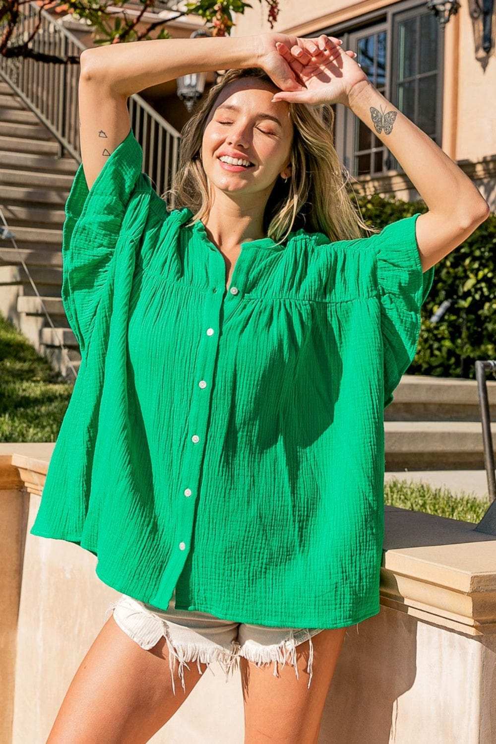 BiBi Texture Button Up Ruffle Short Sleeve Shirt - Trendsi - Flyclothing LLC