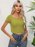 Cable-Knit Round Neck Short Sleeve Knit Top - Trendsi - Flyclothing LLC