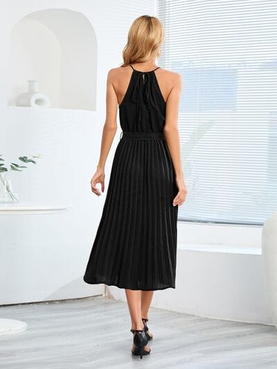 Pleated Spaghetti Strap Tie Waist Midi Dress - Trendsi